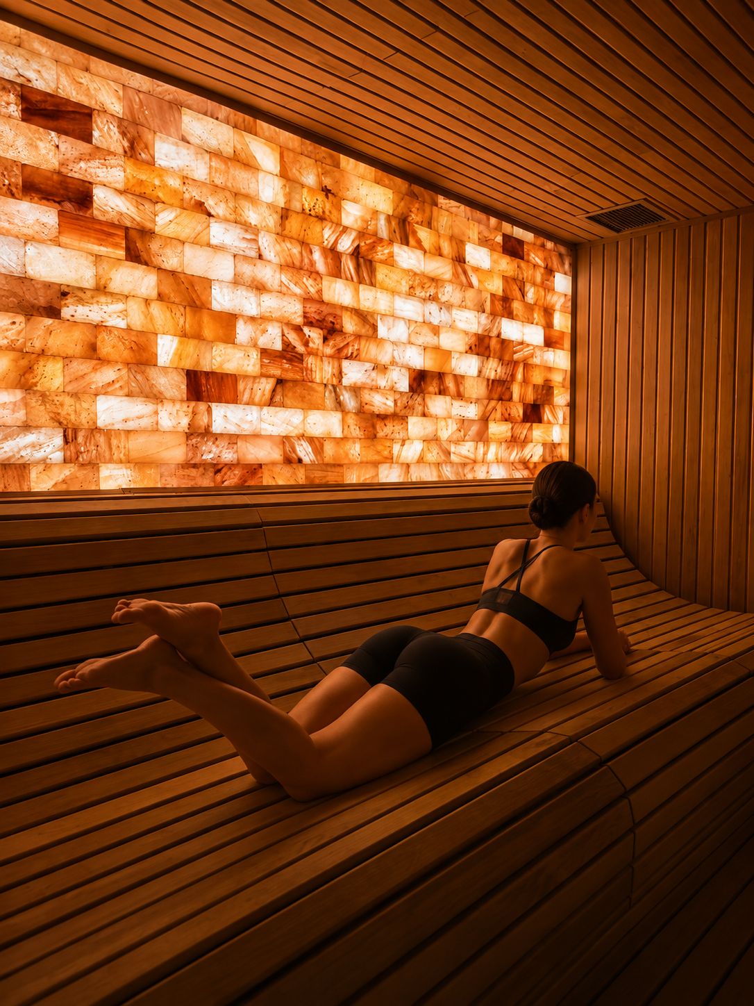 Sauna met verlichte zoutstenen wand