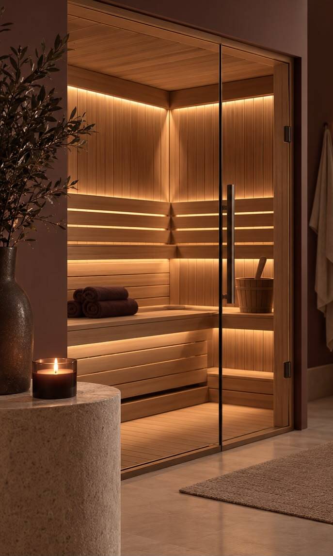 Sauna met cederhouten banken en kaarslicht